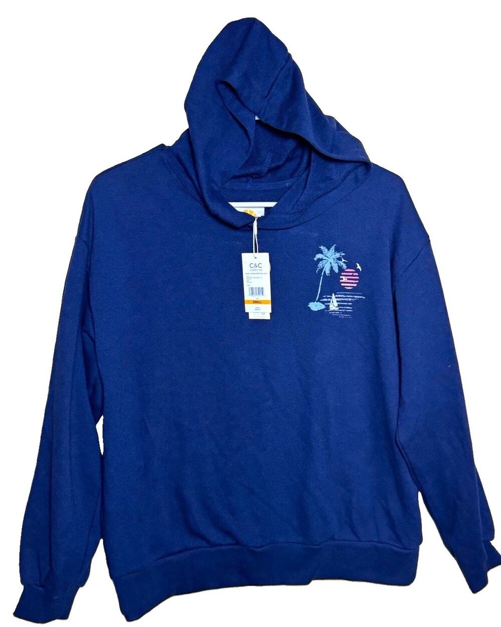 C&C California Women's Blue Beach Graphic Print Pullover Hoodie S Cotton Knit